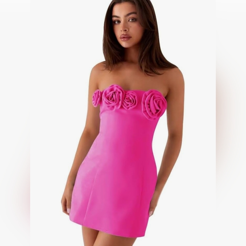 Strapless Floral Rosette Mini Dress in Hot Pink